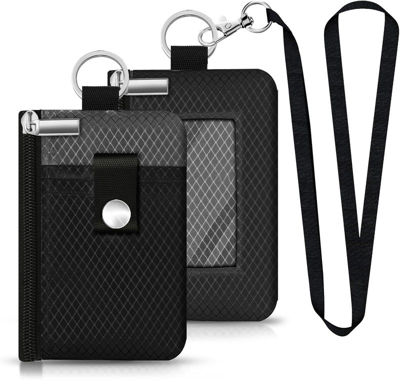 CCUMI Minimalist RFID Blocking Small Wallet with ID Window,WaterResistant Zip Id Case Wallet with Lanyard Keychain for Cards,Cash,Travel,Women,Men (Black/DarkGrey) - Image 1
